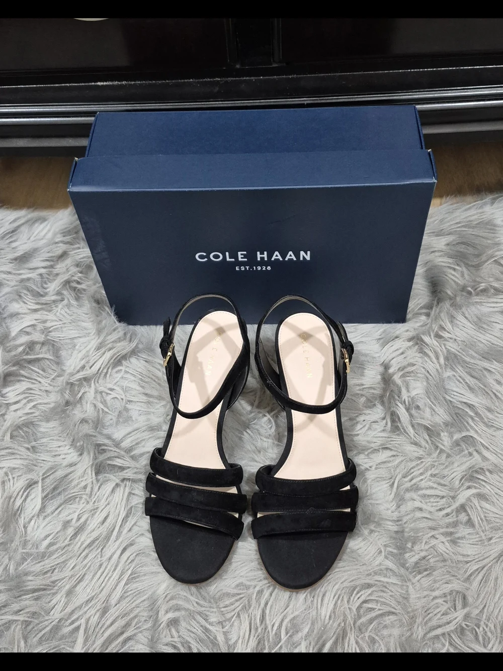 COLE HAAN Women's Black Suede Strap Espadrille Wedge Sandals Size 7.5B